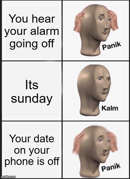 School things | You hear your alarm going off; Its sunday; Your date on your phone is off | image tagged in memes,panik kalm panik | made w/ Imgflip meme maker