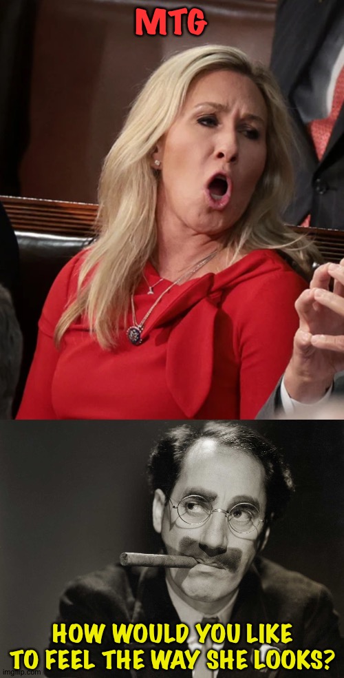 No thanks | MTG; HOW WOULD YOU LIKE TO FEEL THE WAY SHE LOOKS? | image tagged in thoughtful groucho,mtg | made w/ Imgflip meme maker