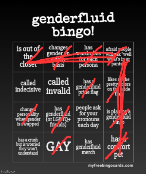 :  o | image tagged in onedepressedrose's genderfluid bingo | made w/ Imgflip meme maker