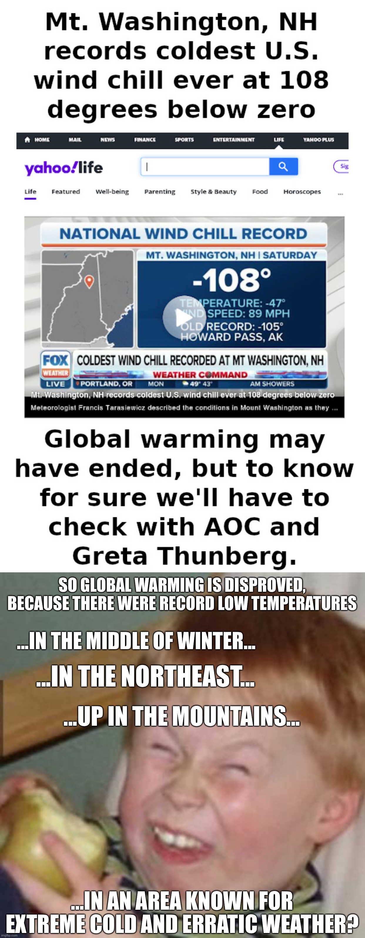 Seems legit! | SO GLOBAL WARMING IS DISPROVED, BECAUSE THERE WERE RECORD LOW TEMPERATURES; ...IN THE MIDDLE OF WINTER... ...IN THE NORTHEAST... ...UP IN THE MOUNTAINS... ...IN AN AREA KNOWN FOR EXTREME COLD AND ERRATIC WEATHER? | image tagged in laughing kid | made w/ Imgflip meme maker