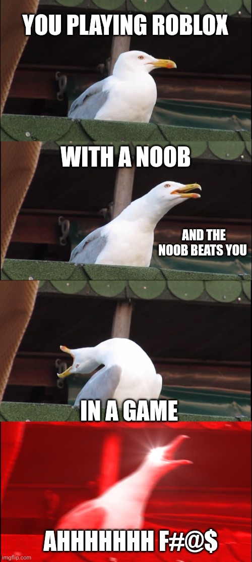 Inhaling Seagull | YOU PLAYING ROBLOX; WITH A NOOB; AND THE NOOB BEATS YOU; IN A GAME; AHHHHHHH F#@$ | image tagged in memes,inhaling seagull | made w/ Imgflip meme maker