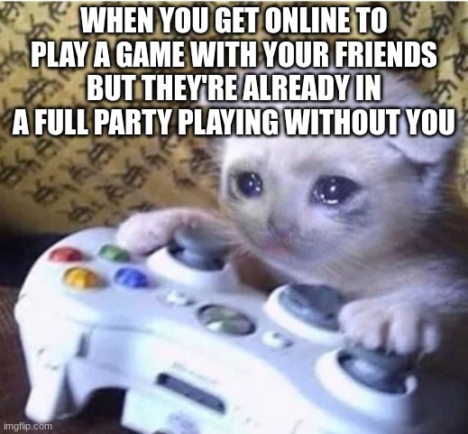 Ive been noticed by the god of memers iceu | WHEN YOU GET ONLINE TO PLAY A GAME WITH YOUR FRIENDS BUT THEY'RE ALREADY IN A FULL PARTY PLAYING WITHOUT YOU | image tagged in sad gaming cat | made w/ Imgflip meme maker