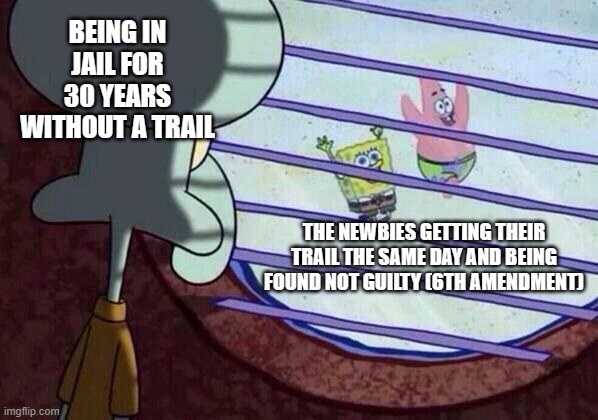 Squidward window | BEING IN JAIL FOR 30 YEARS WITHOUT A TRAIL; THE NEWBIES GETTING THEIR TRAIL THE SAME DAY AND BEING FOUND NOT GUILTY (6TH AMENDMENT) | image tagged in squidward window | made w/ Imgflip meme maker