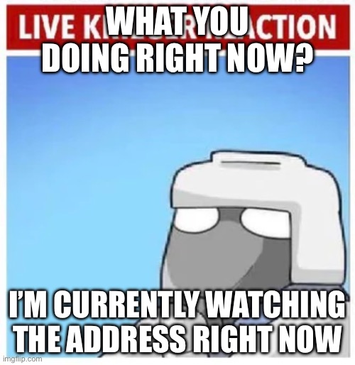 Live Krieger Reaction | WHAT YOU DOING RIGHT NOW? I’M CURRENTLY WATCHING THE ADDRESS RIGHT NOW | image tagged in live krieger reaction | made w/ Imgflip meme maker