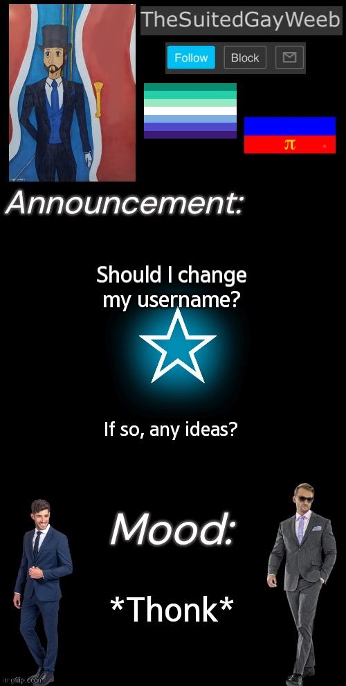 No Promises | Should I change my username? If so, any ideas? *Thonk* | image tagged in thesuitedgayweeb s announcement temp | made w/ Imgflip meme maker