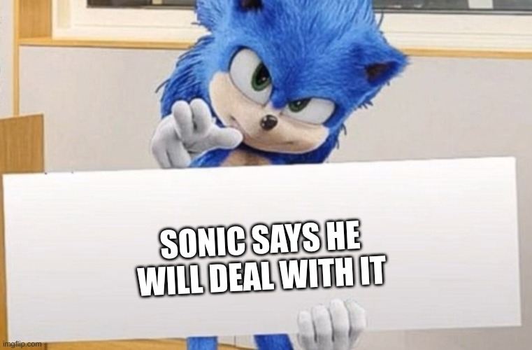 Sonic holding sign | SONIC SAYS HE WILL DEAL WITH IT | image tagged in sonic holding sign | made w/ Imgflip meme maker