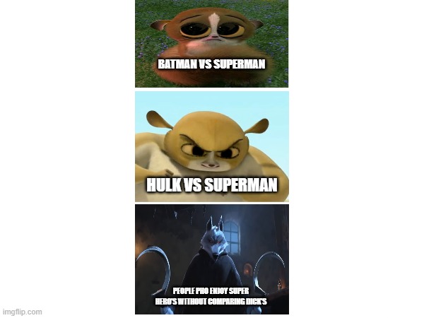 BATMAN VS SUPERMAN; HULK VS SUPERMAN; PEOPLE PHO ENJOY SUPER HERO'S WITHOUT COMPARING DICK'S | made w/ Imgflip meme maker