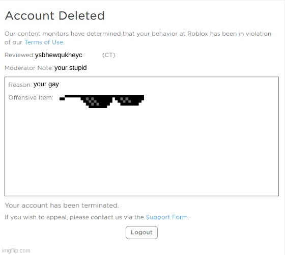 banned from ROBLOX (2021 Edition) | ysbhewqukheyc; your stupid; your gay | image tagged in banned from roblox 2021 edition | made w/ Imgflip meme maker
