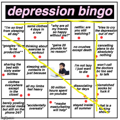 Depression bingo | image tagged in depression bingo | made w/ Imgflip meme maker