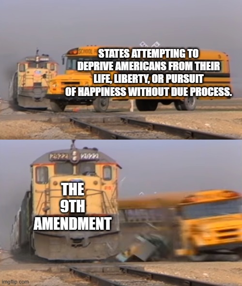 A train hitting a school bus | STATES ATTEMPTING TO DEPRIVE AMERICANS FROM THEIR LIFE, LIBERTY, OR PURSUIT OF HAPPINESS WITHOUT DUE PROCESS. THE 9TH AMENDMENT | image tagged in a train hitting a school bus | made w/ Imgflip meme maker