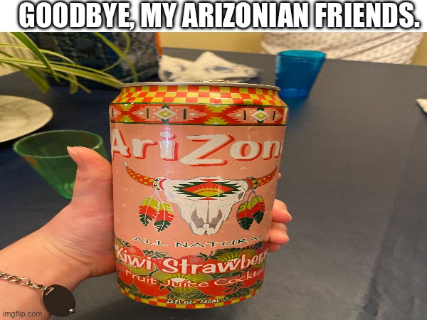 Goodbye. | GOODBYE, MY ARIZONIAN FRIENDS. | image tagged in soda,arizona | made w/ Imgflip meme maker