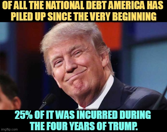 A quarter of all the national debt in history! And Congress raised the debt limit three times for him without conditions. | OF ALL THE NATIONAL DEBT AMERICA HAS 
PILED UP SINCE THE VERY BEGINNING; 25% OF IT WAS INCURRED DURING 
THE FOUR YEARS OF TRUMP. | image tagged in trump smiling,national debt,biggest,trump,fiscal,responsibility | made w/ Imgflip meme maker