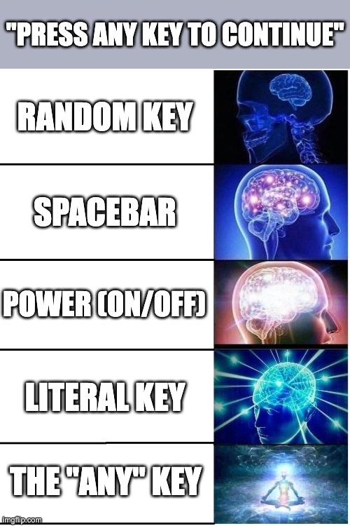 press any key to continue | "PRESS ANY KEY TO CONTINUE"; RANDOM KEY; SPACEBAR; POWER (ON/OFF); LITERAL KEY; THE "ANY" KEY | image tagged in expanding brain 5 panel,keyboard,literally,keys,smort,expanding brain | made w/ Imgflip meme maker