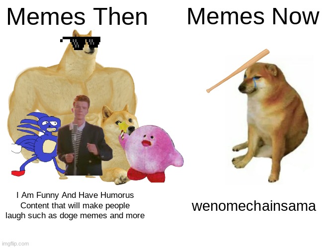 This is true | Memes Then; Memes Now; I Am Funny And Have Humorus Content that will make people laugh such as doge memes and more; wenomechainsama | image tagged in memes,buff doge vs cheems,so true memes | made w/ Imgflip meme maker