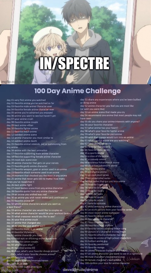 IN/SPECTRE | image tagged in behold how happy we look as a couple in this photo,100 day anime challenge | made w/ Imgflip meme maker