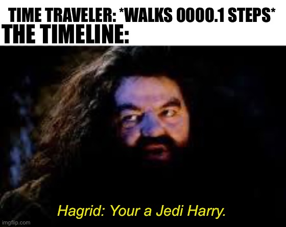 I’m a what? A Jedi! And a bloody good one. Once you’ve trained up a bit! | TIME TRAVELER: *WALKS 0000.1 STEPS*; THE TIMELINE:; Hagrid: Your a Jedi Harry. | image tagged in your a wizard harry,harry potter,jedi,star wars | made w/ Imgflip meme maker