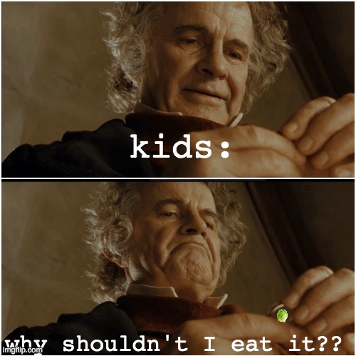 Bilbo - Why shouldn’t I keep it? | kids: why shouldn't I eat it?? | image tagged in bilbo - why shouldn t i keep it | made w/ Imgflip meme maker