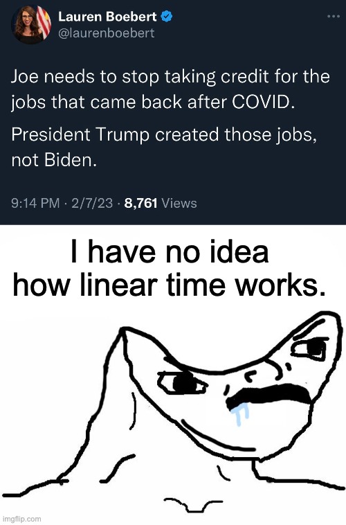 The republicans aren't sending their brightest. | I have no idea how linear time works. | image tagged in angry brainlet,donald trump,joe biden,covid-19,lauren bobert | made w/ Imgflip meme maker