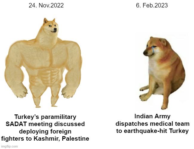 turkey before and after earthquake | 24. Nov.2022; 6. Feb.2023; Turkey’s paramilitary SADAT meeting discussed deploying foreign fighters to Kashmir, Palestine; Indian Army dispatches medical team to earthquake-hit Turkey | image tagged in memes,buff doge vs cheems | made w/ Imgflip meme maker