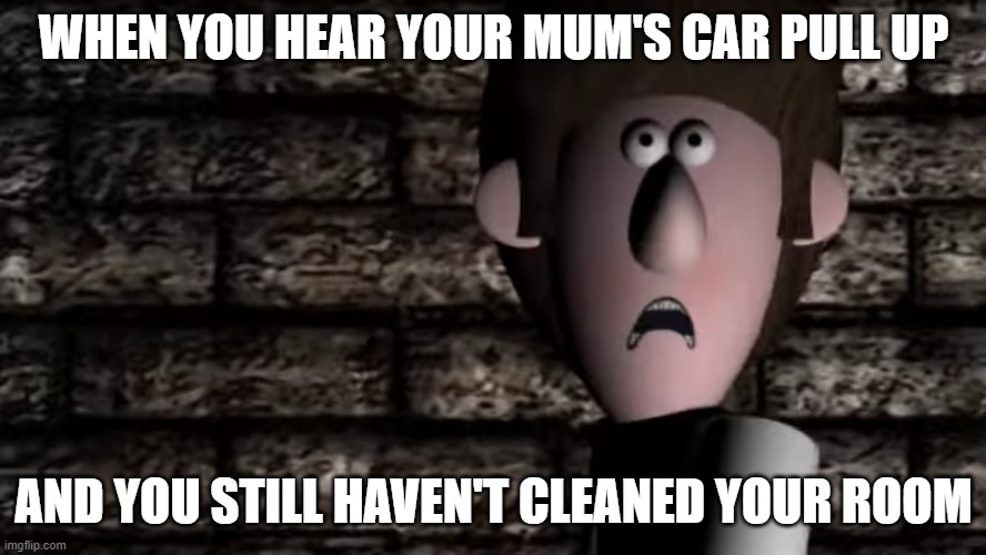 Bertha The True Story Meme | WHEN YOU HEAR YOUR MUM'S CAR PULL UP; AND YOU STILL HAVEN'T CLEANED YOUR ROOM | image tagged in a scene from bertha the true story | made w/ Imgflip meme maker