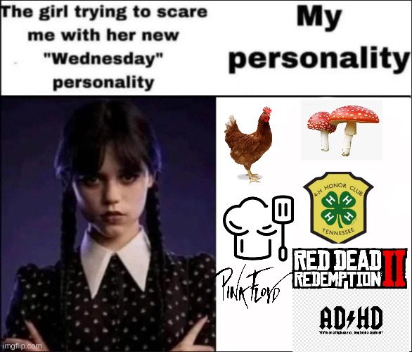 My personality | image tagged in the girl trying to scare me with her new wednesday personality,my personality | made w/ Imgflip meme maker