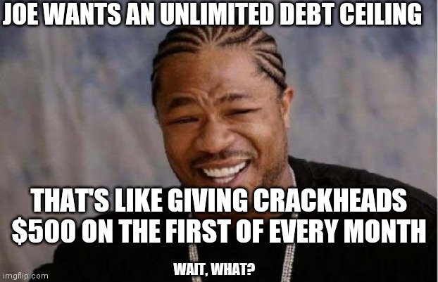 We Need Control Over Your Life | JOE WANTS AN UNLIMITED DEBT CEILING; THAT'S LIKE GIVING CRACKHEADS $500 ON THE FIRST OF EVERY MONTH; WAIT, WHAT? | image tagged in memes,yo dawg heard you | made w/ Imgflip meme maker