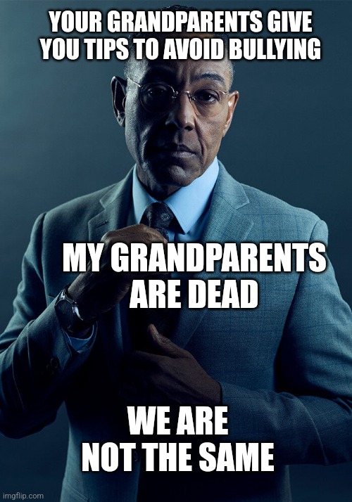 Gus Fring we are not the same | YOUR GRANDPARENTS GIVE YOU TIPS TO AVOID BULLYING; MY GRANDPARENTS ARE DEAD; WE ARE NOT THE SAME | image tagged in gus fring we are not the same | made w/ Imgflip meme maker