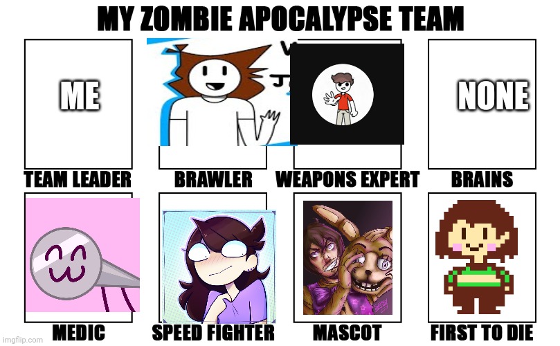 THE SPRINGLOCKS "death pact again jingle plays" | NONE; ME | image tagged in my zombie apocalypse team v2 memes | made w/ Imgflip meme maker