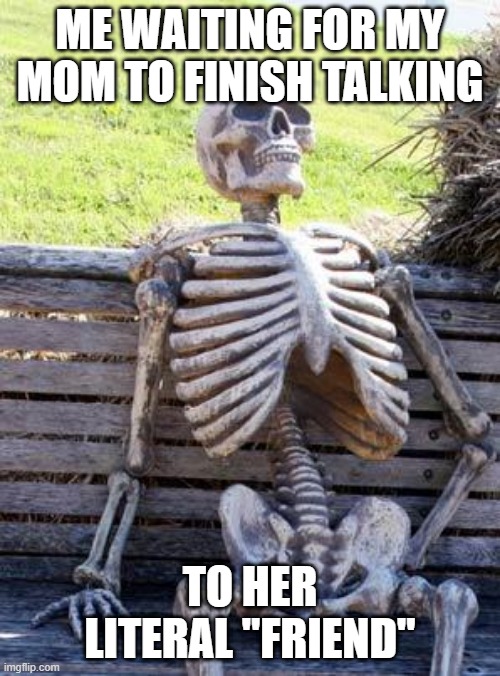Waiting Skeleton | ME WAITING FOR MY MOM TO FINISH TALKING; TO HER LITERAL "FRIEND" | image tagged in memes,waiting skeleton | made w/ Imgflip meme maker