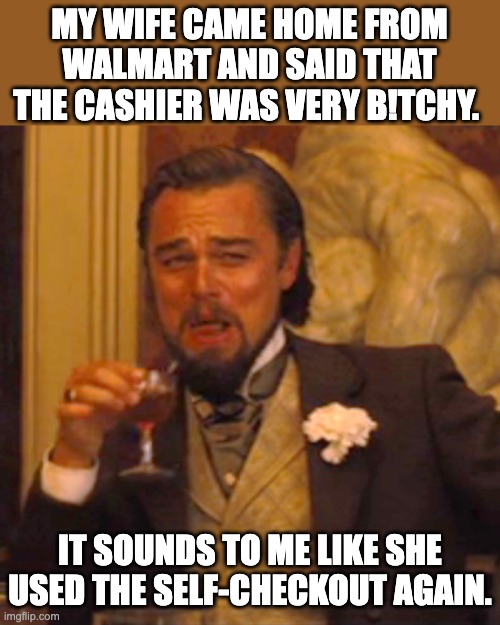 Cashier | MY WIFE CAME HOME FROM WALMART AND SAID THAT THE CASHIER WAS VERY B!TCHY. IT SOUNDS TO ME LIKE SHE USED THE SELF-CHECKOUT AGAIN. | image tagged in memes,laughing leo | made w/ Imgflip meme maker