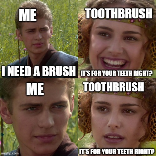 Anakin Padme 4 Panel | ME; TOOTHBRUSH; IT'S FOR YOUR TEETH RIGHT? I NEED A BRUSH; TOOTHBRUSH; ME; IT'S FOR YOUR TEETH RIGHT? | image tagged in anakin padme 4 panel | made w/ Imgflip meme maker