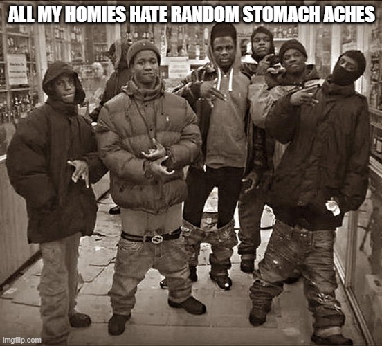 free Rock | ALL MY HOMIES HATE RANDOM STOMACH ACHES | image tagged in all my homies hate | made w/ Imgflip meme maker