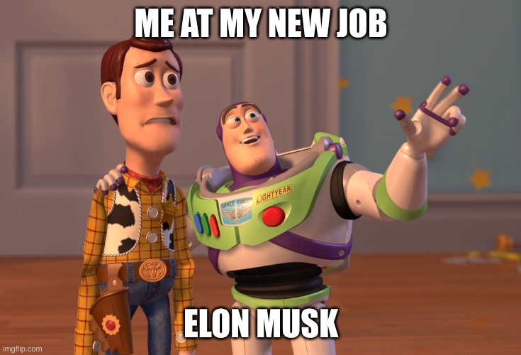 X, X Everywhere | ME AT MY NEW JOB; ELON MUSK | image tagged in memes,x x everywhere | made w/ Imgflip meme maker