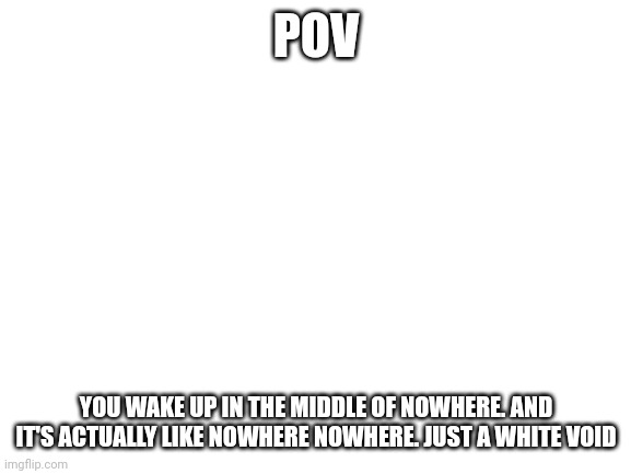 Blank White Template | POV; YOU WAKE UP IN THE MIDDLE OF NOWHERE. AND IT'S ACTUALLY LIKE NOWHERE NOWHERE. JUST A WHITE VOID | image tagged in blank white template | made w/ Imgflip meme maker