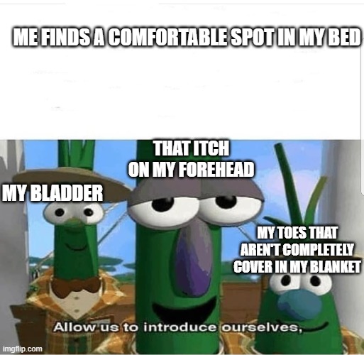 allow us to introduce ourselves | ME FINDS A COMFORTABLE SPOT IN MY BED; THAT ITCH ON MY FOREHEAD; MY BLADDER; MY TOES THAT AREN'T COMPLETELY COVER IN MY BLANKET | image tagged in allow us to introduce ourselves,memes | made w/ Imgflip meme maker