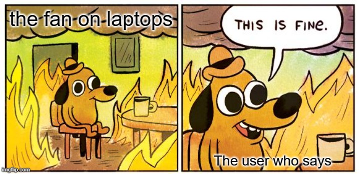 This Is Fine Meme | the fan on laptops; The user who says | image tagged in memes,this is fine | made w/ Imgflip meme maker