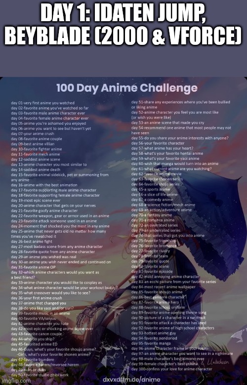 Ok sorry for repost but I actually watched and finished these two before | DAY 1: IDATEN JUMP, BEYBLADE (2000 & VFORCE) | image tagged in 100 day anime challenge | made w/ Imgflip meme maker