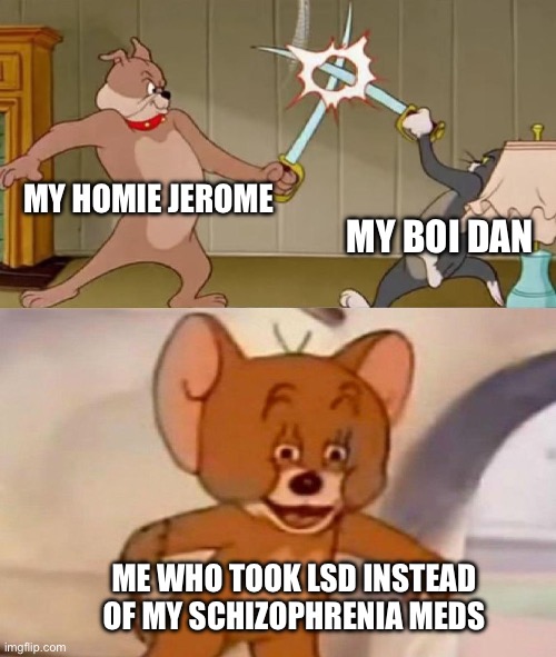 Idk Jerome Just appeared | MY HOMIE JEROME; MY BOI DAN; ME WHO TOOK LSD INSTEAD OF MY SCHIZOPHRENIA MEDS | image tagged in tom and jerry swordfight | made w/ Imgflip meme maker