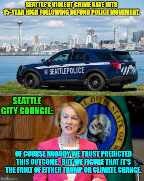 Common sense . . . be gone! | SEATTLE'S VIOLENT CRIME RATE HITS 15-YEAR HIGH FOLLOWING DEFUND POLICE MOVEMENT. SEATTLE CITY COUNCIL:; OF COURSE NOBODY WE TRUST PREDICTED THIS OUTCOME.  BUT WE FIGURE THAT IT'S THE FAULT OF EITHER TRUMP OR CLIMATE CHANGE. | image tagged in reality | made w/ Imgflip meme maker