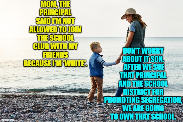 Dear leftists, what goes around comes around.  Enjoy YOUR . . . future. | MOM, THE PRINCIPAL SAID I'M NOT ALLOWED TO JOIN THE SCHOOL CLUB WITH MY FRIENDS BECAUSE I'M 'WHITE'. DON'T WORRY ABOUT IT SON.  AFTER WE SUE THAT PRINCIPAL AND THE SCHOOL DISTRICT FOR PROMOTING SEGREGATION, WE ARE GOING TO OWN THAT SCHOOL. | image tagged in so it goes | made w/ Imgflip meme maker
