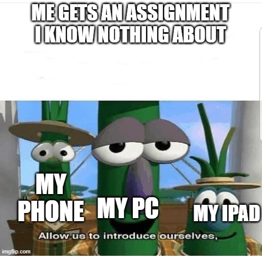 i'm dum  ok | ME GETS AN ASSIGNMENT I KNOW NOTHING ABOUT; MY PHONE; MY PC; MY IPAD | image tagged in allow us to introduce ourselves | made w/ Imgflip meme maker