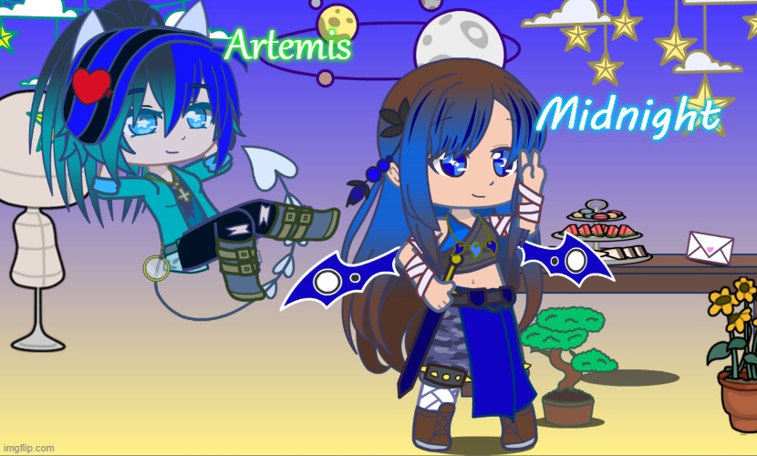 My main oc Midnight and Artemis (the background is the set up for my YT channel) I can answer any questions you have | Artemis; Midnight | image tagged in gacha,gacha club,ocs | made w/ Imgflip meme maker