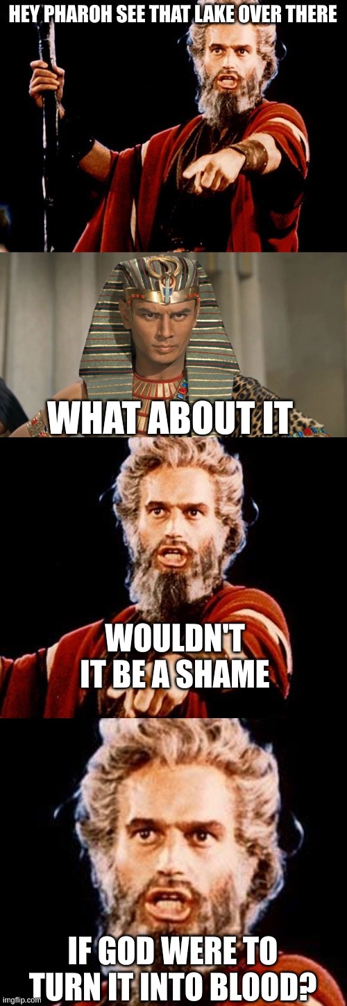 Moses | HEY PHAROH SEE THAT LAKE OVER THERE; WHAT ABOUT IT; WOULDN'T IT BE A SHAME; IF GOD WERE TO TURN IT INTO BLOOD? | image tagged in angry old moses,pharoah | made w/ Imgflip meme maker