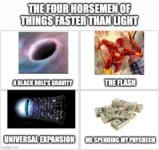 Why do i do that? | ME SPENDING MY PAYCHECK | image tagged in the four horsemen of things faster than light,money | made w/ Imgflip meme maker
