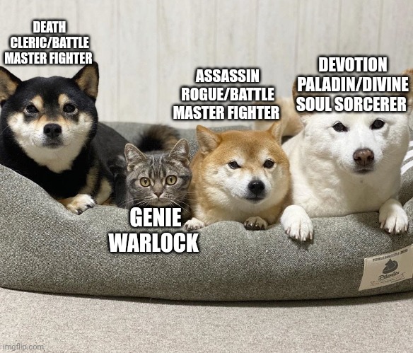 One of these things is not like the other |  DEATH CLERIC/BATTLE MASTER FIGHTER; DEVOTION PALADIN/DIVINE SOUL SORCERER; ASSASSIN ROGUE/BATTLE MASTER FIGHTER; GENIE WARLOCK | image tagged in one of these things is not like the other | made w/ Imgflip meme maker