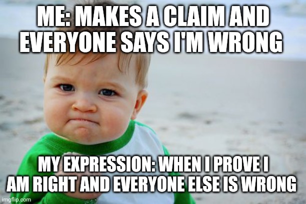 When I'm right | ME: MAKES A CLAIM AND EVERYONE SAYS I'M WRONG; MY EXPRESSION: WHEN I PROVE I AM RIGHT AND EVERYONE ELSE IS WRONG | image tagged in memes,success kid original | made w/ Imgflip meme maker