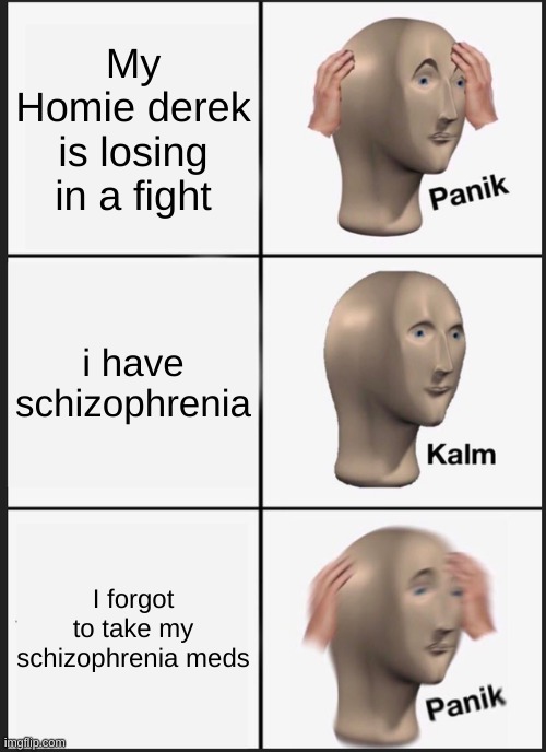 OH GOD HES REAL | My Homie derek is losing in a fight; i have schizophrenia; I forgot to take my schizophrenia meds | image tagged in memes,panik kalm panik | made w/ Imgflip meme maker