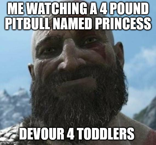 hehe | ME WATCHING A 4 POUND PITBULL NAMED PRINCESS; DEVOUR 4 TODDLERS | image tagged in kratos | made w/ Imgflip meme maker