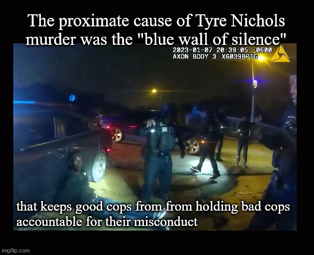 The proximate cause of Tyree Nichols murder ... | The proximate cause of Tyre Nichols murder was the "blue wall of silence"; that keeps good cops from from holding bad cops
accountable for their misconduct | image tagged in tyree nichols,police brutality,the blue wall of silence | made w/ Imgflip meme maker