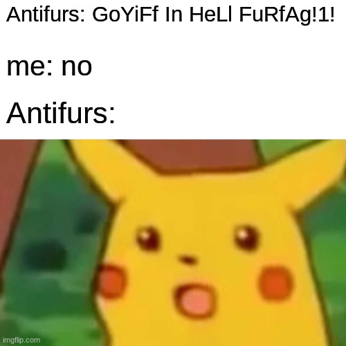 Lol |  Antifurs: GoYiFf In HeLl FuRfAg!1! me: no; Antifurs: | image tagged in memes,surprised pikachu | made w/ Imgflip meme maker